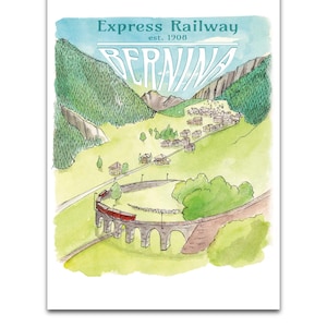 Postkarte der Bernina-Express-Bahn. Original-Aquarell-Nachdruck.
