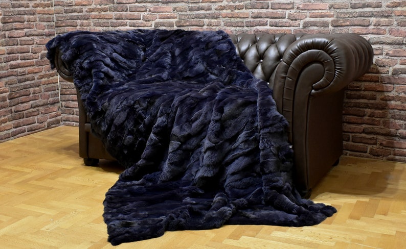 Luxury Real Hale Navy Rex Rabbit Throw Blanket