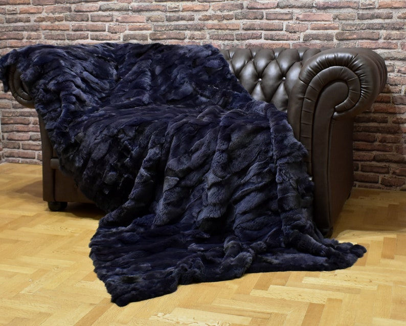 Luxury Real Hale Navy Rex Rabbit Throw Blanket