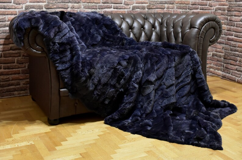 Luxury Real Hale Navy Rex Rabbit Throw Blanket