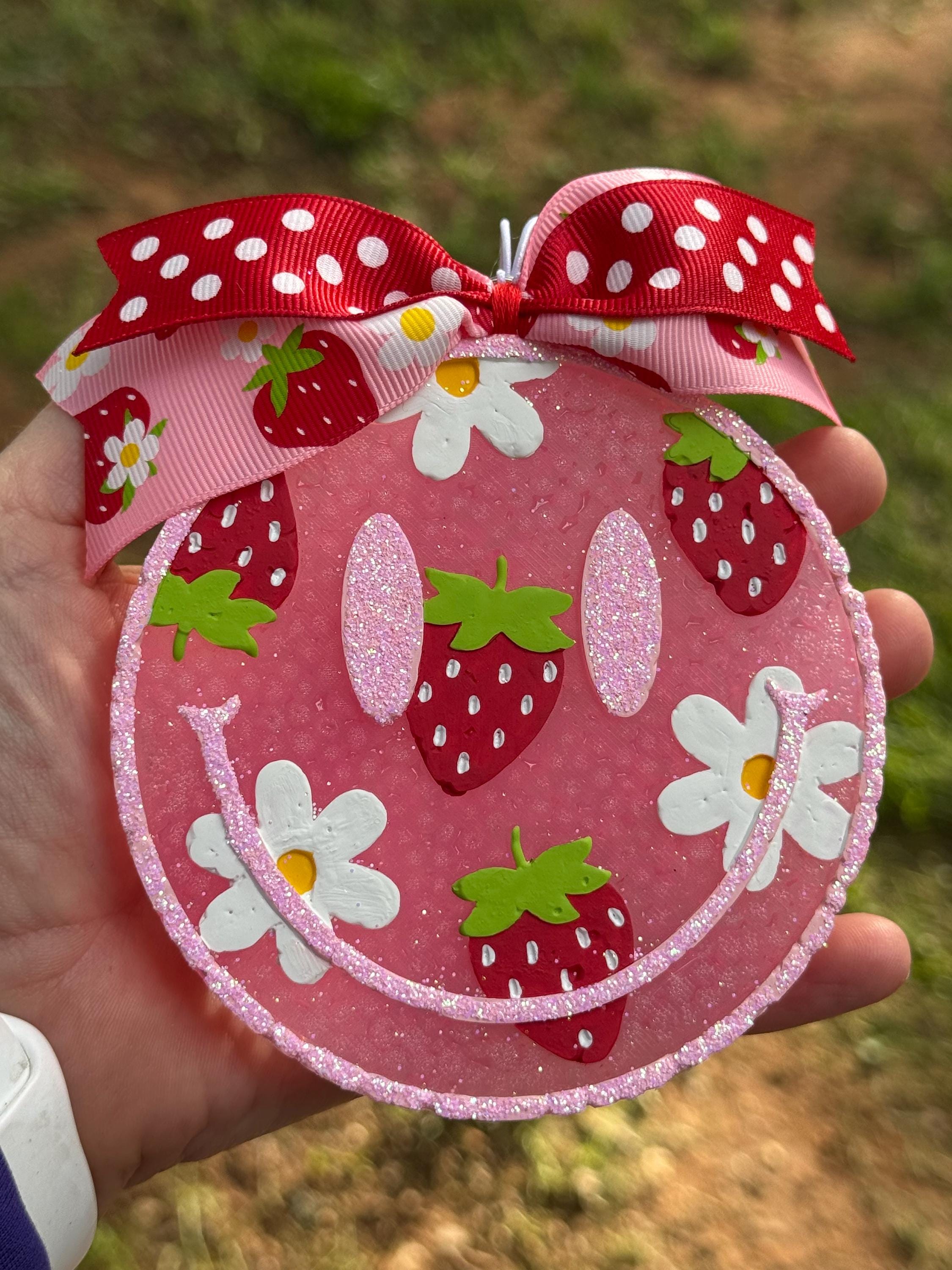 Strawberry & Daisy Glitter Smiley Face Car Freshie Car Freshener Air Freshener Car Freshy