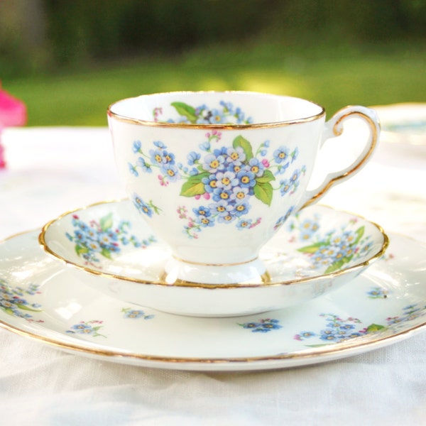 Vintage Tuscan "Forget Me Not" Teacup Trio: English Teacup Trio, Tea Party Teacup Trio, Vintage Teacup Trio, Pretty Teacup