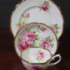 Royal Albert American Beauty Trio with Pink Roses: Tea Party Trio, Vintage Teacup Trio, Rose Teacup, Floral Teacup