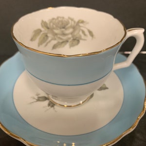 Crown Staffordshire  Bone China Teacup with a Blue Pattern and a Grey Flower inside Cup,  English Teacup, Vintage, SHIPPING INCLUDED
