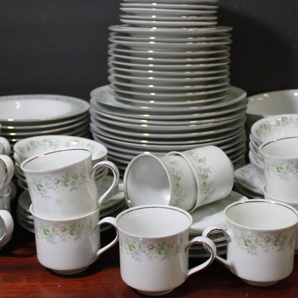 87 Piece  Johann Haviland  "Forever Spring"  Dinner Service  |   Floral Rim & Center, Platinum Trim  SUPERB CONDITION Low Shipping