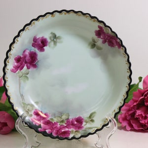 Royal Austria O & EG Royal Limoges 7-3/4&quot; Bowl - Black Trim  Purple Floral ,Vintage, Hand Painted Bowl  FREE SHIPPING