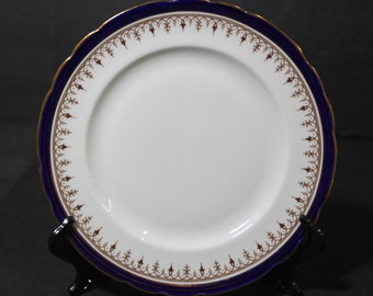 Prato de sobremesa Aynsley Leighton: porcelana de osso de cobalto e ouro, prato inglês vintage