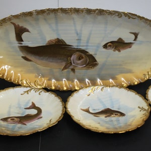 M Redon France 24&quot; Fish Platter & 9 Plates 9&quot; 4 Patterns, Limoge, Antique Set, Attractive HAND PAINTED SET, Fabulous Condition 100 years old