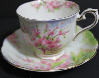 May include: A white teacup and saucer with a floral pattern of pink and white blossoms. The teacup has a gold rim and the saucer has a scalloped edge.
