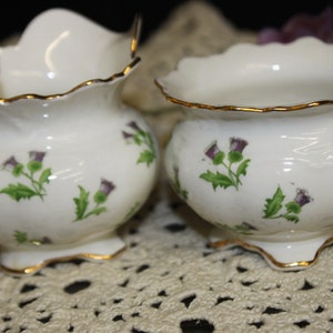 Aynsley Creamer & Sugar Bowl Set ,Sprays of Purple Thistles  Pretty Aynsley Pattern,  Showroom Condition