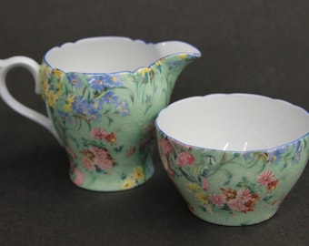 【希少】シェリー シェラトン シュガーボウル&クリーマーセット グリーン 花籠 ロイヤルコート シェリー フローラル クリーマー＆シュガーボウル
