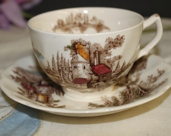 Johnson Bros "The Old Mill" Brown Multicolor Cup & Saucer Set : Thanksgiving , Holiday Pair, Vintage, Discontinued 1977 Superb