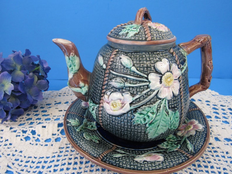Vintage Majolica Teapot Majolica Teapot and Plate with Green Background with Pastel Pink Flowers 3 cup Teapot SHIPPING INCLUDED