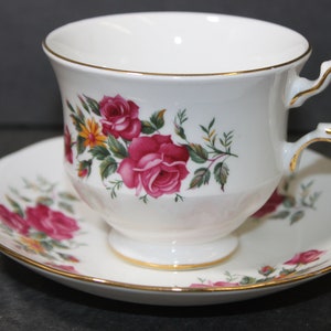 Vintage Queen Anne Teacup and Saucer - Pink and Red Roses , Tea Party Teacup, English Teacup, Floral Teacup