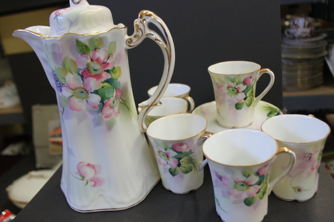 Antique Nippon Hand Painted Floral Chocolate Set: Coffee Pot, Cups