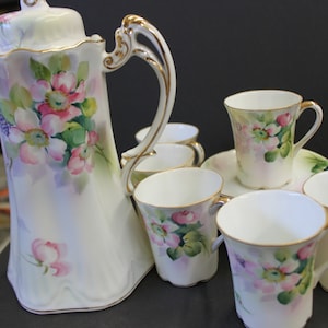 Superb Antique Nippon Hand Painted Floral Chocolate Set -  Coffee Pot, 6 Cup & Saucers, Antique Set. Hand Painted  Speedy Delivery