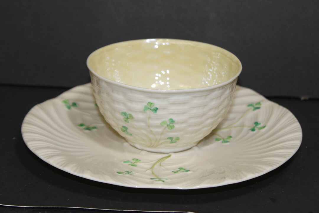 Belleek everyday Basketweave Chip and Dip Set Green Mark 1965 Vintage