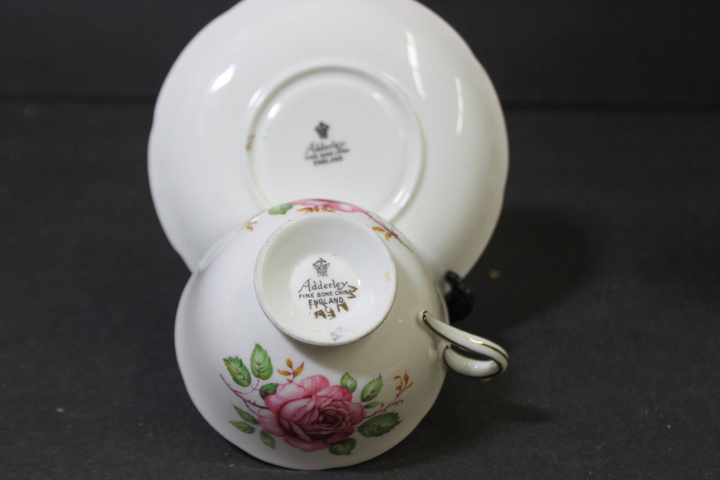 Vintage Adderley Bone China Teacup & Saucer: Pink Rose Floral