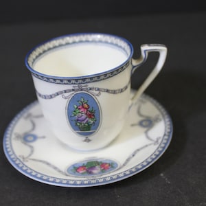 Royal Worcester &quot;Cameo Blue&quot;  Demitasse Cup & Saucer  - Antique English Bone China Produced 1922   Free Shipping