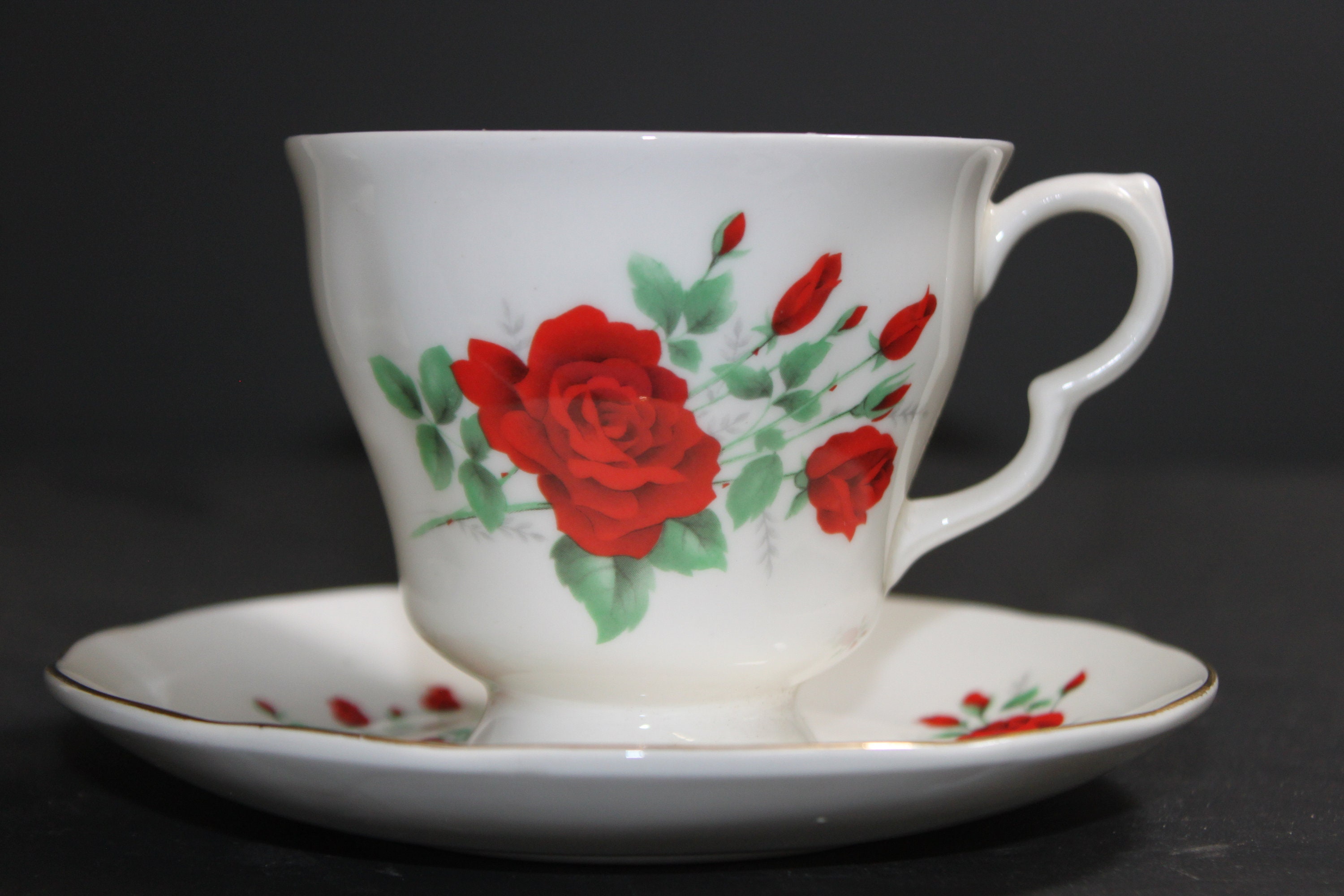 Vintage Crown Bone China Teacup: Red Roses Floral Pattern, Made in