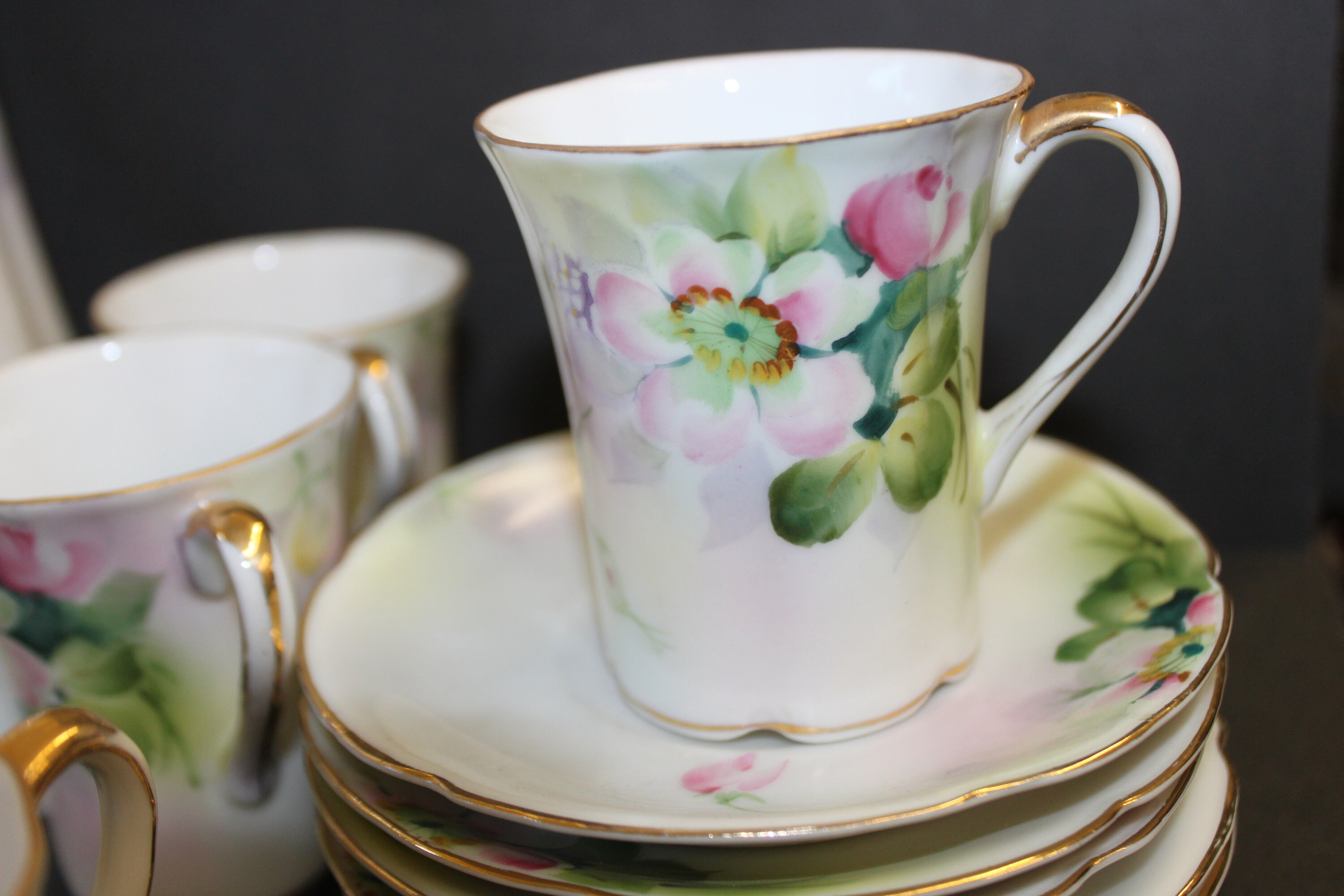 Antique Nippon Hand Painted Floral Chocolate Set: Coffee Pot, Cups