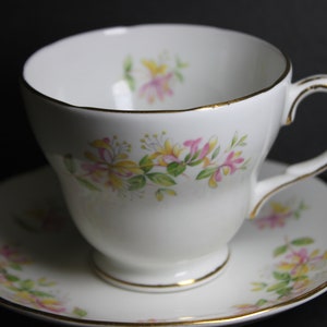 Duchess Teacup and Saucer &quot;Honeysuckle&quot;  Vintage Bone China Teacup, Delicate Floral Pattern UK Production