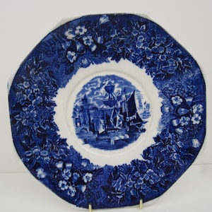 Antique Wedgwood &quot;Ferrara&quot; Octagonal 8 3/4&quot; Plate: Blue Transferware ,UK 100 Years Old, Blue Flowers, Ships & Buildings,SHIPPING INCLUDED