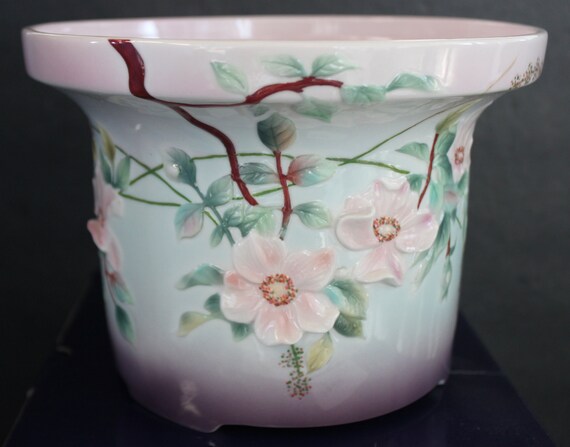 Franz Porcelain Rose Cache Pot: Hand-painted 