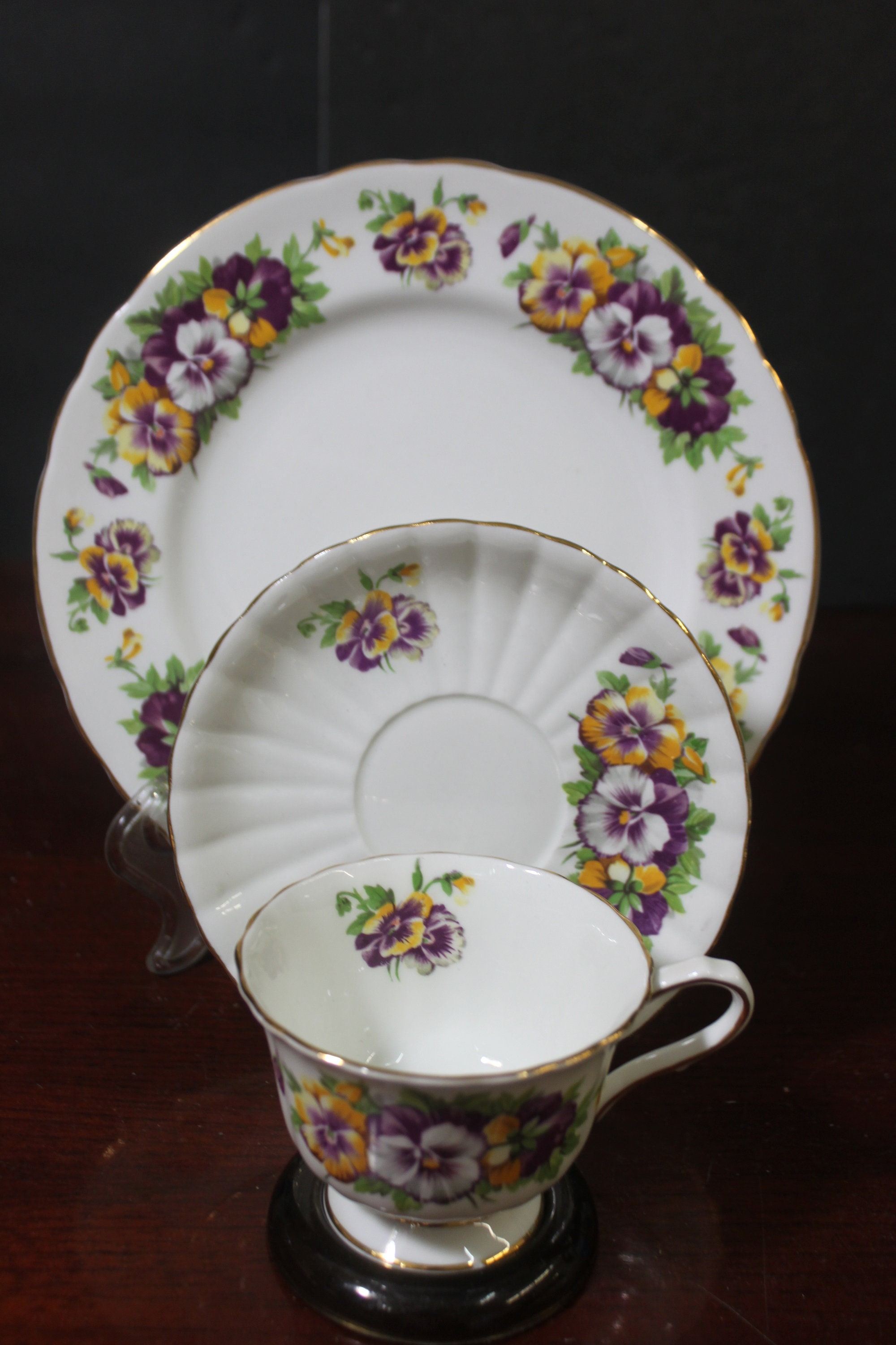 Vintage Bone China Teacup Trio: Clarence Viola Time Floral Tea Set