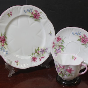 Shelley Trio &quot;Stocks&quot;  Teacup, Saucer & Plate Set , Dainty Shape ,Vintage  Superb Condition