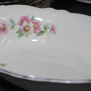 Homer Laughlin オーバル ベジタブル ボウル、バージニア ローズ シェイプ、ピンクとホワイト フローラル - 縁と中央に花柄、プラチナ トリム ヴィンテージ ディナー サービス
