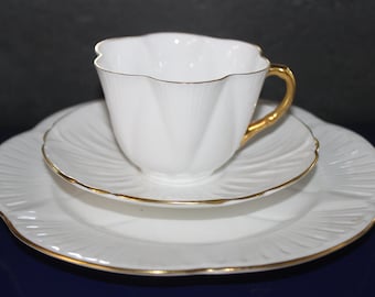 Shelley Regency Trio: White Tea Cup, Saucer & Dessert Plate with Gold Trim