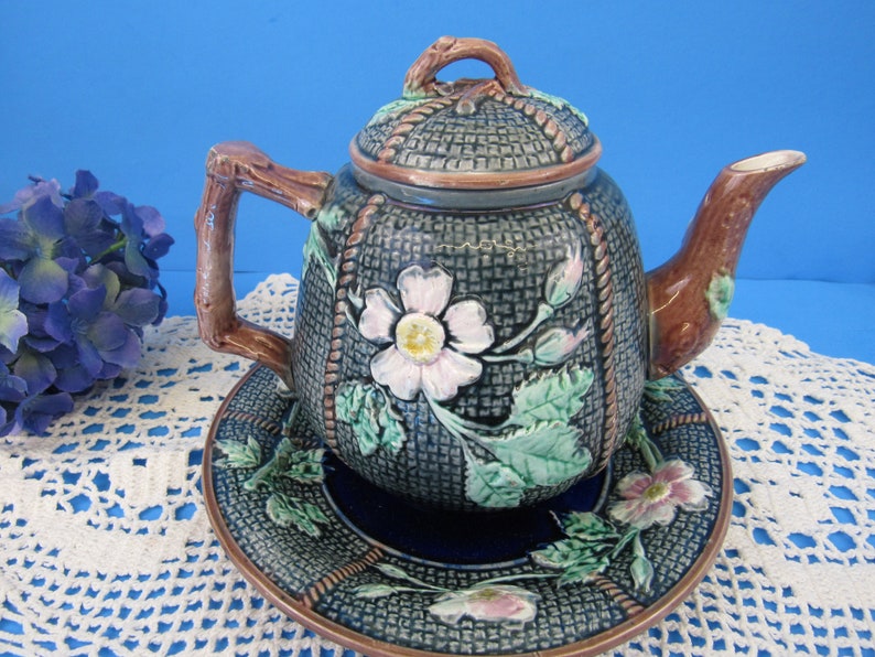 Vintage Majolica Teapot Majolica Teapot and Plate with Green Background  with Pastel Pink Flowers 3 cup Teapot SHIPPING INCLUDED