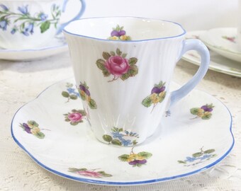 Tazza da tè e piattino vintage Shelley Demitasse / Rose Pansy Forget Me Not