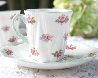 Vintage Shelley Dainty &quot;Rosebud&quot; Demitasse Teacup & Saucer | Floral Teacup, Pastel Green Trim Teacup, Shelley Rosebud Teacup