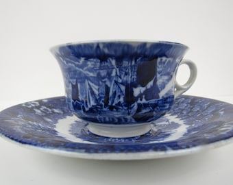 Antique Wedgwood &quot;Ferrara&quot; Cup and Saucer: Blue Transferware Teacup,UK 100 Years Old, Blue Flowers, Ships & Buildings,SHIPPING INCLUDED