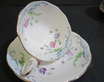 Early Royal Albert Floral Pattern Inside The Cup,  Green, Blue and Pink Teacup & Saucer | Tea Party Teacup, English Teacup FREE SHIPPING