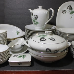 130 Piece  Stonegate Bavaria Dinner Service  &quot;Midnight Rose&quot;  Dark Gray/White Roses, Platinum Trim Superb Set from Bavaria.Looks New