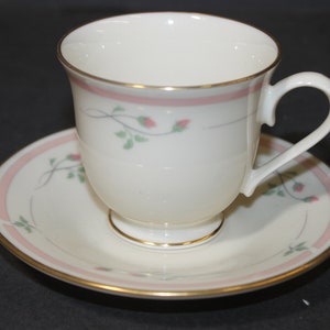 Lenox  "Rose Manor"  Footed Cup & Saucer Metropolitan, Pink Band w/Roses  Fine China Discontinued 1999