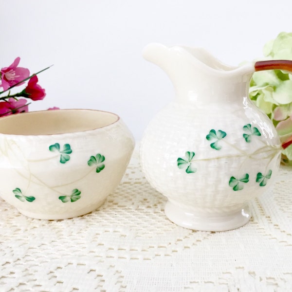 Vintage Belleek Ireland Creamer and Open Sugar: Vintage Creamer, Shamrock Tea Party Creamer and Open Sugar, Irish Creamer Sugar GREEN MARK