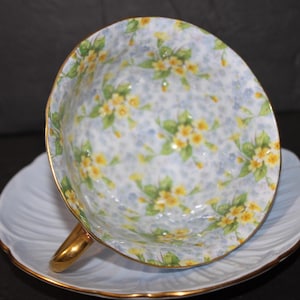 Shelley Oleander &quot;Primrose&quot; #13588 Yellow Cup & Saucer Pale Blue w/Gold Trim, Handle and Foot, Perfect Condition