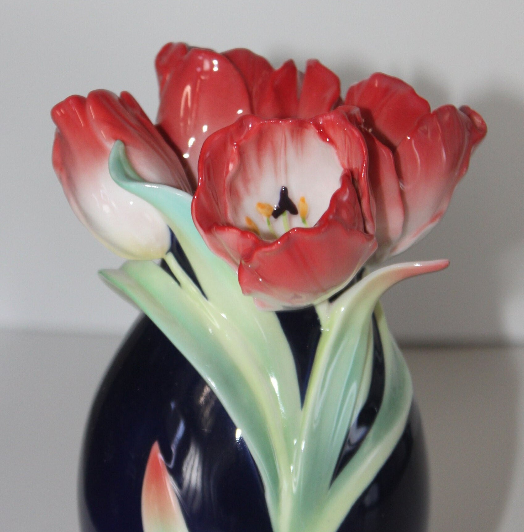Franz Collection Tulip Blossom Cobalt Vase FZ01413 Hand Painted