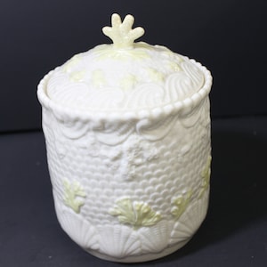 Belleek New Shell Design Biscuit Barrel - Yellow Irish Porcelain (1965)