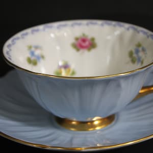Shelley Oleander &quot;Roses, Pansies & Forget Me Nots&quot;  Tea Cup and Saucer Pale Blue w/Gold Edges, Handle and Foot, Perfect Condition
