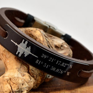 Soundwave Coordinate and Morse Code Men Leather Bracelet, Personalize Gift Idea for Mens, Customize Voice Recording Bracelet, Birthday Gift