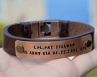 Custom Memorial Military Men Leather KIA Bracelet, Copper Engraved Remembrance Wristband, In Memory of Fallen Soldiers, Loss of Loved One