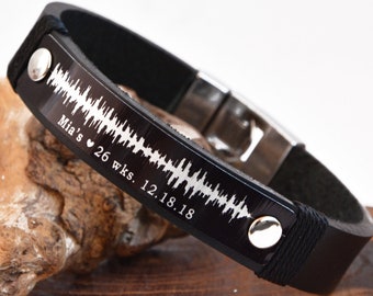 Sound Wave Heartbeat Bracelet for Men, Anniversary Gift Ideas, Men's Personalized Bracelet, Actual Baby Heartbeat Ultrasonic Pattern Gift
