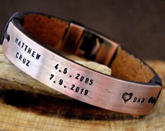 Copper Engraved Men Bracelet For Him, Natural Personalized Leather, Hand Stamped Gift for Father's Day, Husband Anniversary Unique Gift