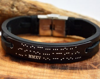 Pulsera personalizada de código Morse, pulseras de cuero de código Morse, para novio, pulsera personalizada para el esposo, regalo de pulsera para San Valentín