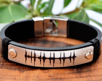Valentines Day Soundwave Gift for Couple, Personalized Leather Voice Recording Custom Message Bracelet Anniversary Gift for husband